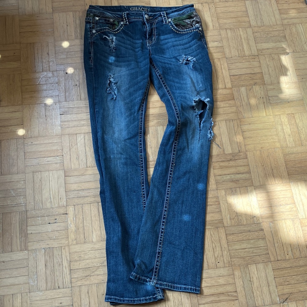 Grace in LA Blue Distressed Flare Jeans